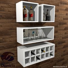 two white shelves with liquor bottles on them