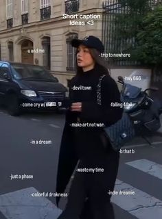 a woman is walking down the street with her hat on and other words in front of her