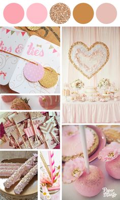 a collage of pink and gold themed items including cake pops, candies, candy bars