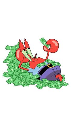 a cartoon character laying on top of money