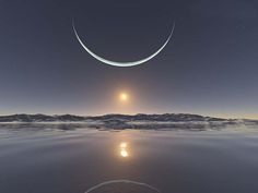 the moon is reflected in the water as it rises above the horizon and reflects on the surface