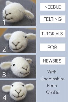 the instructions for needle felting sheeps are shown in three different pictures, including one with