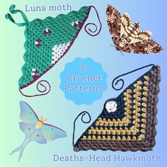 three crochet patterns with butterflies on them and the text luna moth 2 crochet patterns