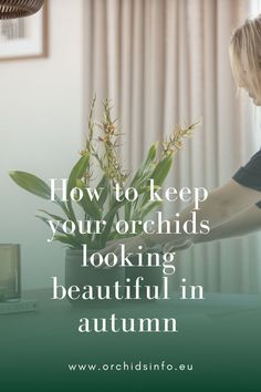 a woman arranging flowers in a vase with the words how to keep your orchids looking beautiful in autumn