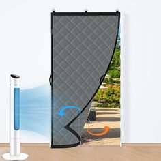 an open door with the image of a surfboard on it's side next to a blue and white pole