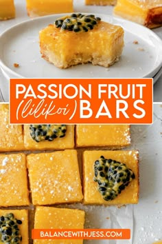 passion fruit bars on a white plate with text overlay