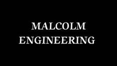 the words malcolm engineering are in white letters on a black background with an image of a man