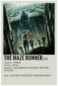 the maze runner poster is shown in white and black, as well as an image of people