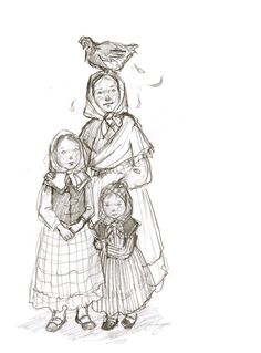 a drawing of three children standing next to each other