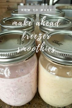 four mason jars filled with homemade freezer smoothies