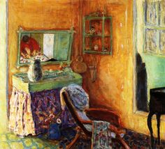 a painting of a room with a chair, table and mirror on the wall next to a piano