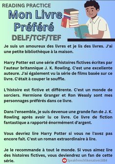 a blue poster with the words reading practice mon livre prefer delftater