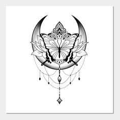 a black and white drawing of a butterfly on the moon with beads hanging from it's wings