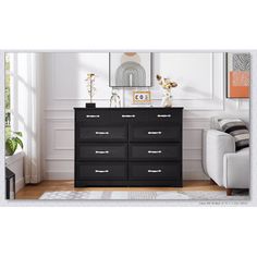 a black dresser in a white living room