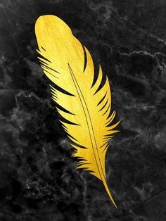 a golden feather on a black marble background