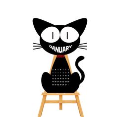 a black cat sitting on top of a wooden chair with the word january written in it