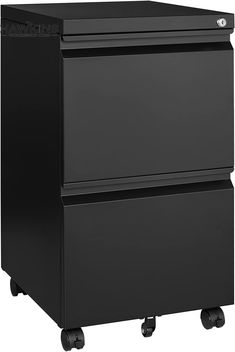 a black filing cabinet sitting on wheels