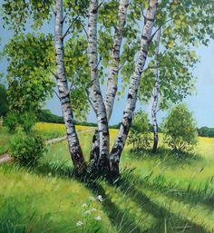 a painting of some trees in the grass