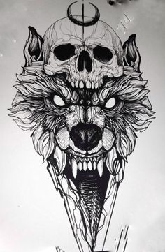 a drawing of a wolf's head with the moon in its eyes and horns