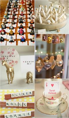 there are many different items on display in this collage, including figurines and magnets