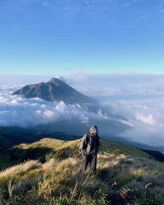 a man standing on top of a lush green hillside under a blue sky filled with clouds