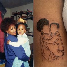 a woman with a tattoo on her arm next to a photo of a man holding a baby