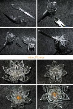 several pictures of different metal flowers on a black surface with the words wire flower written below them