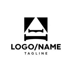 black and white logo design with a bed in the corner, on a white background