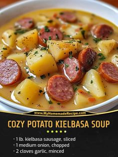 a bowl of kielbasa soup with potatoes and sausage