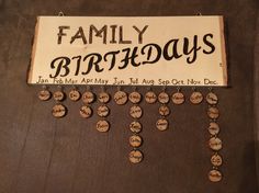 a sign that says family birthdays hanging on a wall with lots of buttons attached to it