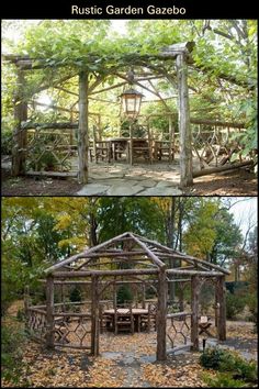 an old wooden gazebo in the middle of two different pictures, one is made out of