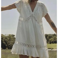 - White Slip Dress Included - Effortless, Timeless Mini Dress A-line Mini Dress With Lace Trim For Beach, White Bohemian A-line Mini Dress, Daytime V-neck Mini Dress With Lace Trim, Daytime V-neck Dresses With Lace Trim, Daytime V-neck Lace Trim Dresses, Purple Lace Dress, Lover Dress, White Slip Dress, Free People Mini Dress