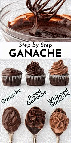 chocolate cupcakes with ganache frosting on top and the words, step by step how to make ganache