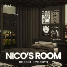 the bedroom is decorated in black and white with pictures on the wall above it that says nico's room cc pack / five items