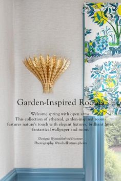 an advertisement for the garden - inspired room, featuring blue and white curtains with yellow flowers