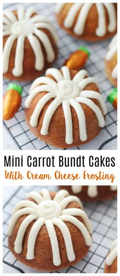 mini carrot bundt cakes with cream cheese frosting on a cooling rack and topped with icing