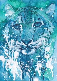 a painting of a snow leopard on a blue and green watercolor background with white spots