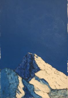 a painting of a mountain with blue sky in the background and white snow on it