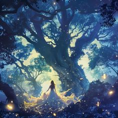 a woman standing in the middle of a forest surrounded by fireflies