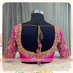 "Bask in the serenity of this beauty in the vibrant pink shade with intricate aari handwork adorned with gold embellishments. To give it more unique and royal look we have done heavy work on the sleeves.🌸 . . For more information/queries you can contact us on ☎️8951363530 *Orders to be taken only by prior appointments☺️ . . #arshvibyshraddha #blousesbyarshvi #boutique #Bridal #Bridalwear #Festivewear #Conceptdesign #aesthetic #bespoke #couturewear #designer #fashionstyle #ethnicwear #follow #oo Pink Bridal Blouse Designs Heavy Work, Latest Bridal Blouse Designs Heavy Work, Blouse Designs Heavy Work, Bridal Blouse Designs Heavy Work, Traditional Saree Blouse, Traditional Saree Blouse Designs, Gold Blouse Designs, Wedding Blouses, Maggam Designs