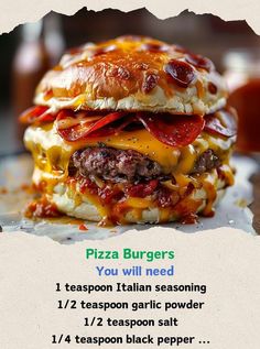 a large cheeseburger with toppings on it's bun is shown in this advertisement