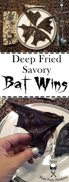 a person is cutting up some food on a plate with the words deep fried savory bat wings