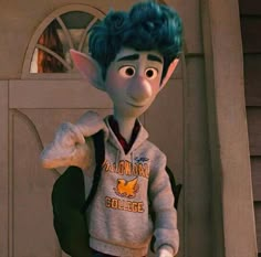 an animated character is standing in front of a door with blue hair and wearing a backpack