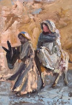 an oil painting of two women walking in front of a rock formation with one woman holding her hand out