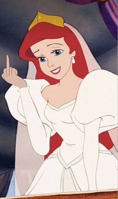 ariel from the little mermaid with her finger up in front of an image of herself