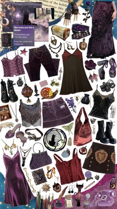 a collage of different types of clothing and accessories in purple, black and white