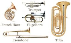 french horn, flugelhorn, trombone and trombones labeled in english