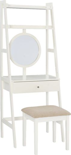 a white desk and chair with a mirror on the top shelf next to each other