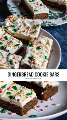 gingerbread cookie bars with white frosting and sprinkles on top are shown