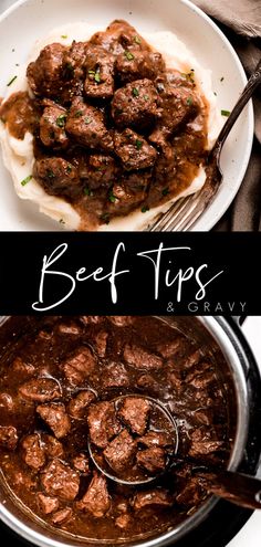 beef tips and gravy in a white bowl